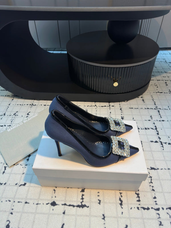 Hangisi 100 Dark Blue Linen with Black Leather Jewel Buckle Pumps 161070