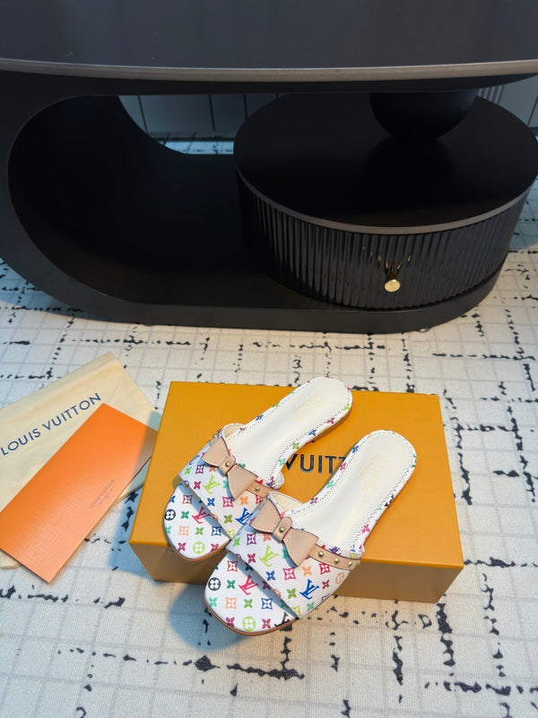 LV LV x TM 6AM Flat Mule Bianco con Monogramma Multicolore Pelle 218910