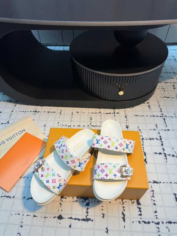 LV LV x TM Bom Dia Flat Comfort Mule White with Monogram Multicolore Leather 218912
