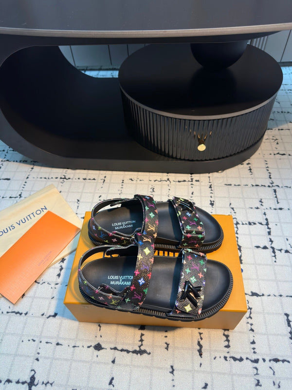 LV LV x TM LV Sunset Flat Comfort Sandal Black with Monogram Multicolore Leather 218916