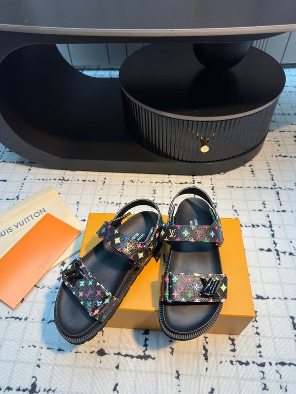 LV LV x TM LV Sunset Flat Comfort Sandal Black with Monogram Multicolore Leather 218916