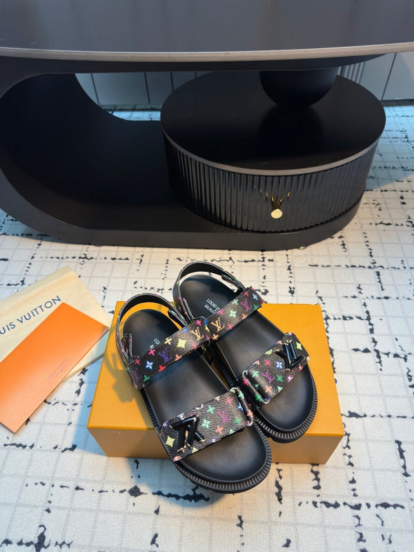 LV LV x TM LV Sunset Flat Comfort Sandal Black with Monogram Multicolore Leather 218916