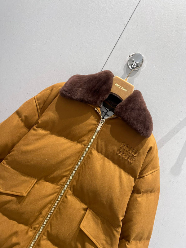 Miu Miu Collar Down jacket Camel Brown Polyester Fiber