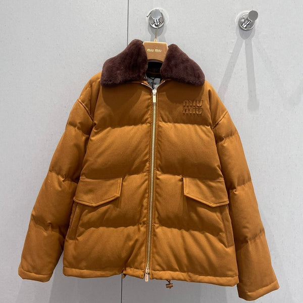 Miu Miu Collar Down jacket Camel Brown Polyester Fiber