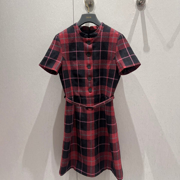 CD 25 Plaid Short-sleeved Dress Black Red Sheep Wool