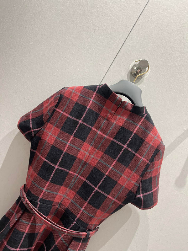 CD 25 Plaid Short-sleeved Dress Black Red Sheep Wool