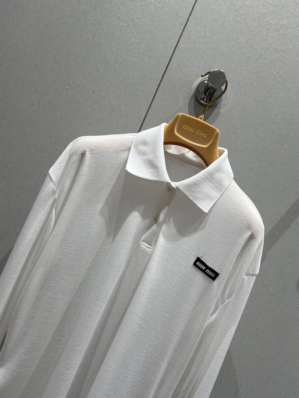 Miu Miu Ribbed Knitted Long-sleeved Polo Shirt White Cotton 208569
