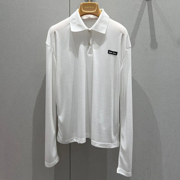 Miu Miu Ribbed Knitted Long-sleeved Polo Shirt White Cotton 208569