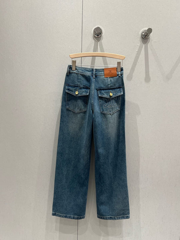 Celine Back Pocket Embroidery Cover Straight Jeans Blue Cotton 209716