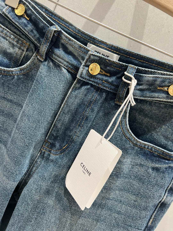 Celine Back Pocket Embroidery Cover Straight Jeans Blue Cotton 209716