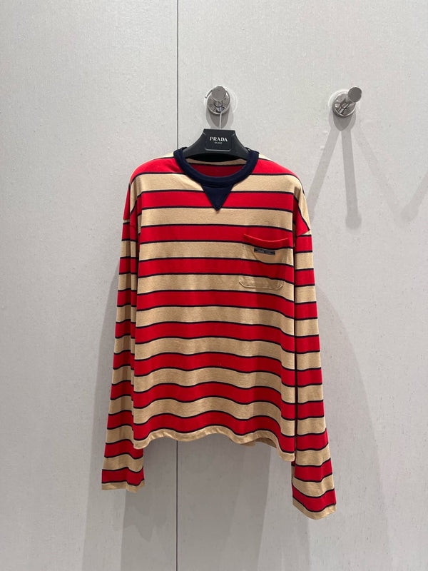 Prada 25 Striped Long-sleeved T-shirt Red mix Beige Cotton 209619