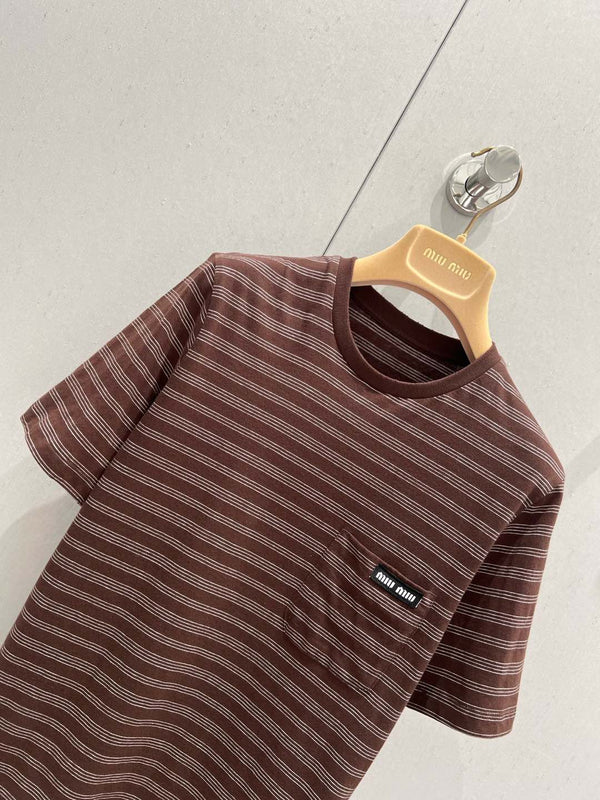 Miu Miu 25 Striped Round Neck Short-sleeved T-shirt Brown Cotton
