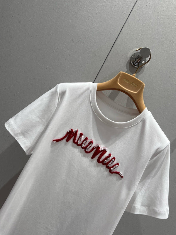 Miu Miu 25 Beaded Short Sleeve T-shirt White Red Cotton 210556