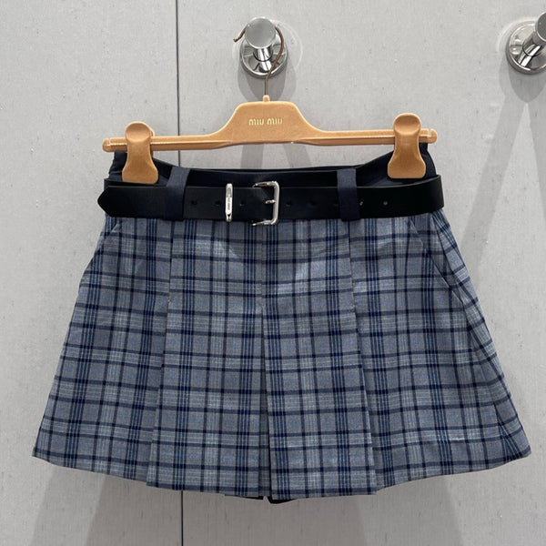 Miu Miu 25 Plaid Pleated Skirt Blue Polyester 211200