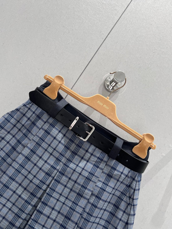 Miu Miu 25 Plaid Pleated Skirt Blue Polyester 211200