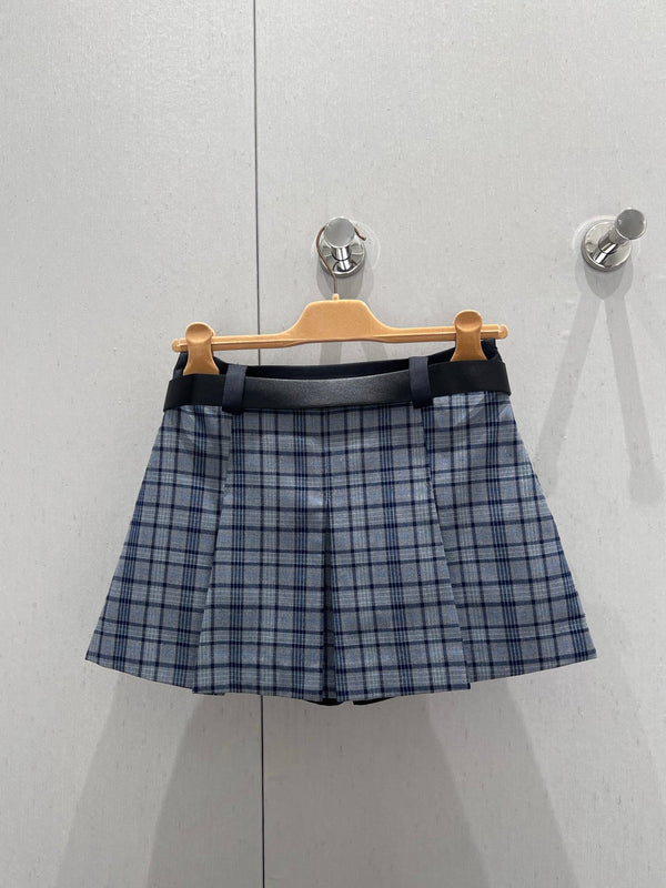 Miu Miu 25 Plaid Pleated Skirt Blue Polyester 211200