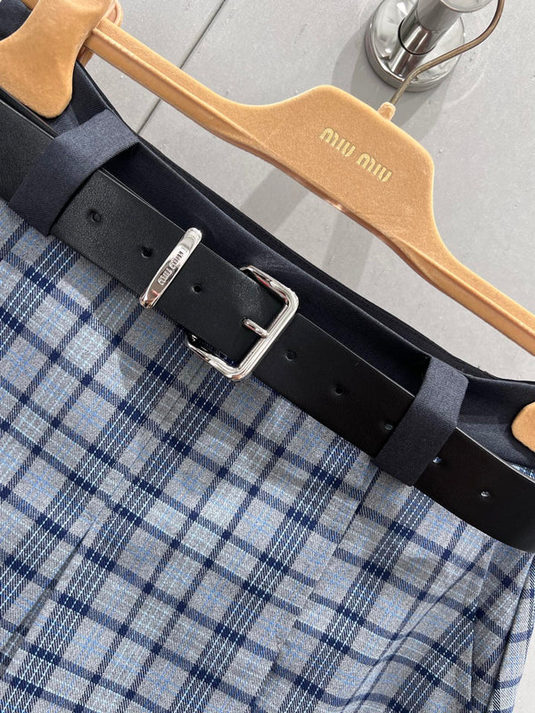 Miu Miu 25 Plaid Pleated Skirt Blue Polyester 211200