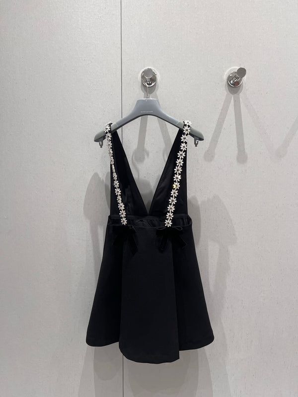Prada 25 Deep V Diamond Flower Suspender Dress Black Acetate Viscose 214029
