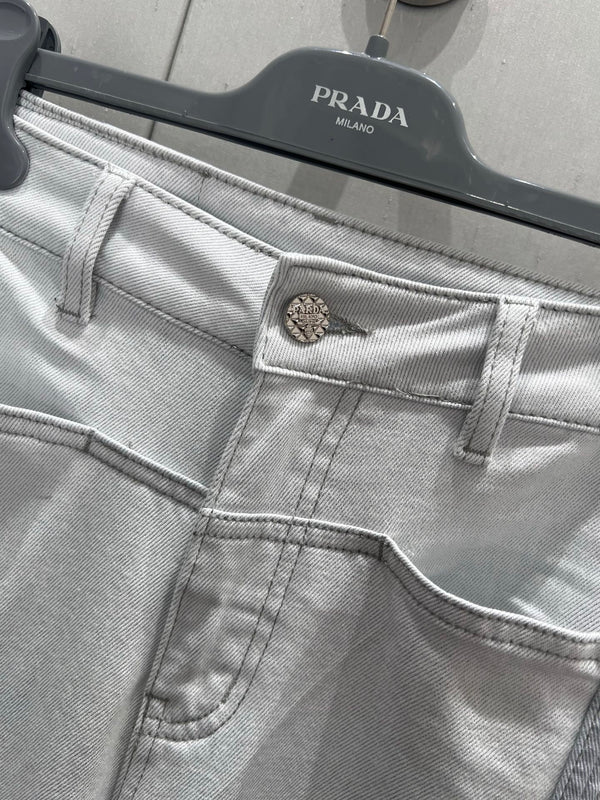 Prada 25 Vertical Striped Denim Pants White Cotton Polyester 215076