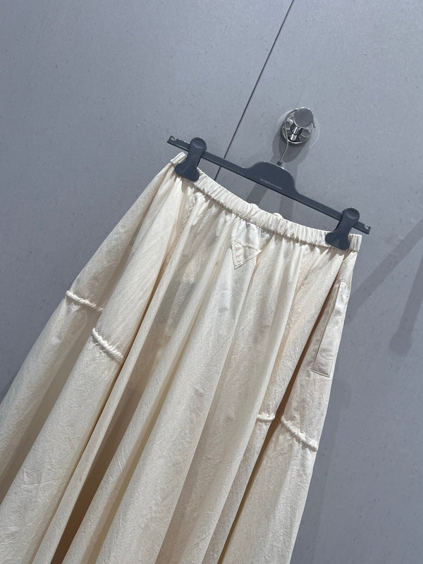 Prada 25 Drawstring Elastic Waist Umbrella Skirt Beige Cotton 215066