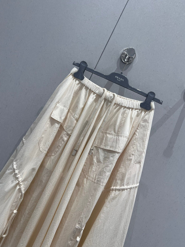 Prada 25 Drawstring Elastic Waist Umbrella Skirt Beige Cotton 215066