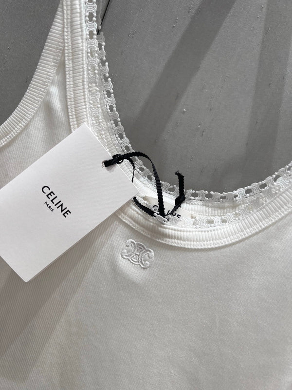 Celine 25 Lace Vest Camisole White Cotton Silk 215160
