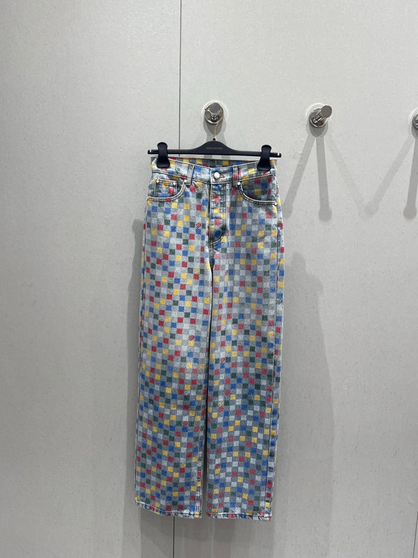 LV Plaid Multicolor Denim Jeans Blue Cotton