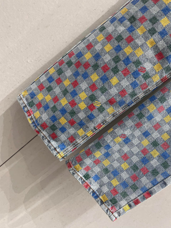 LV Plaid Multicolor Denim Jeans Blue Cotton