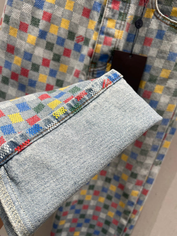 LV Plaid Multicolor Denim Jeans Blue Cotton