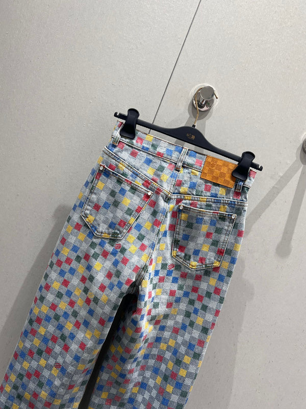 LV Plaid Multicolor Denim Jeans Blue Cotton