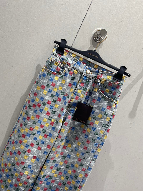 LV Plaid Multicolor Denim Jeans Blue Cotton