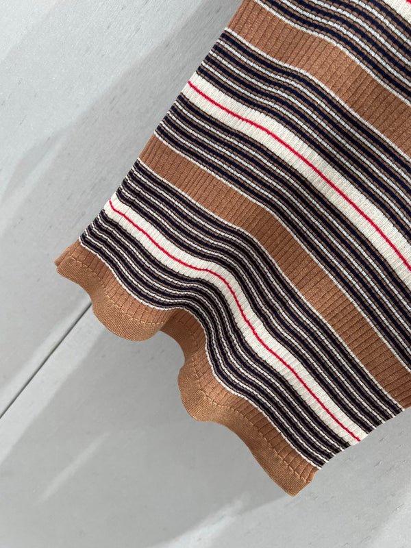 Prada 25 Striped Knitted Polo Short-sleeved Top Brown mix Black Cotton Poliamide 217945