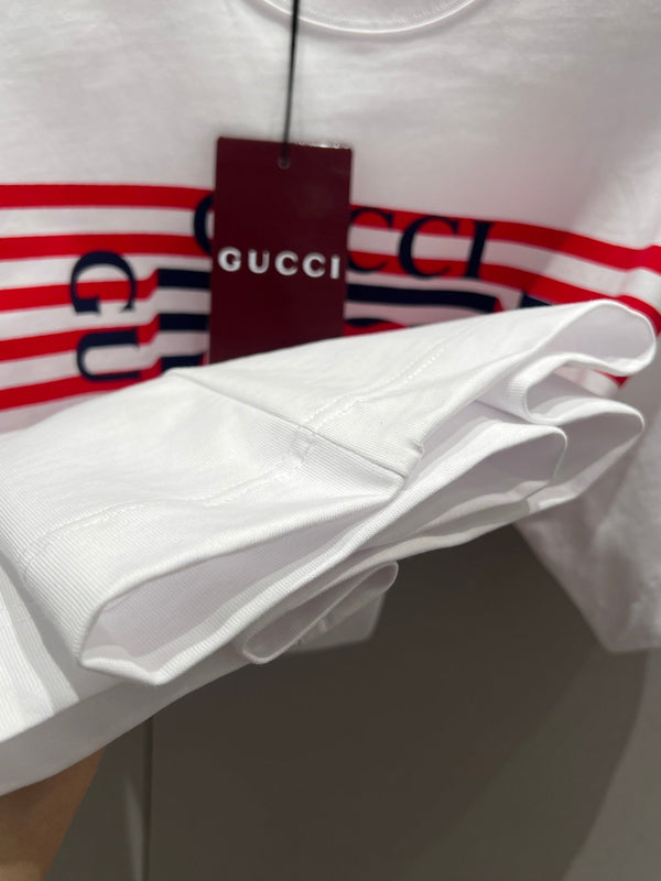 Gucci 25 Striped Logo Print Short-sleeved T-shirt White Red Cotton