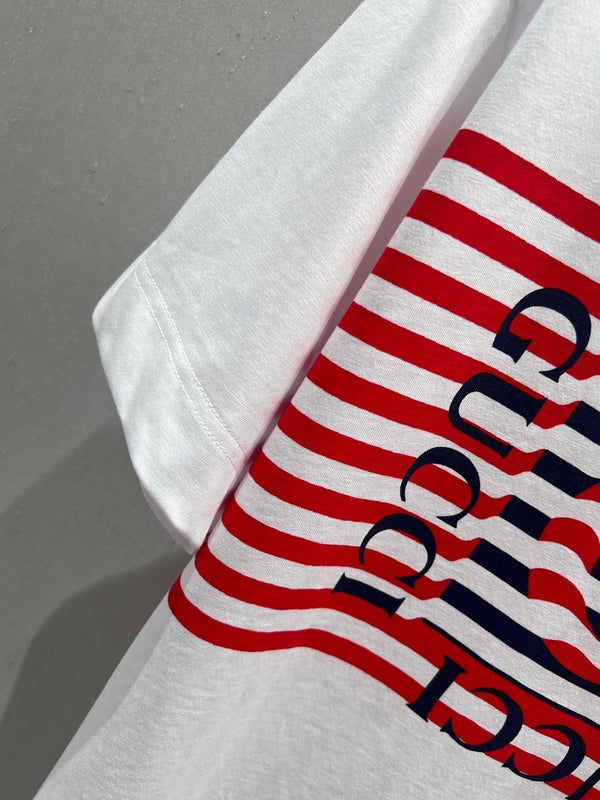 Gucci 25 Striped Logo Print Short-sleeved T-shirt White Red Cotton