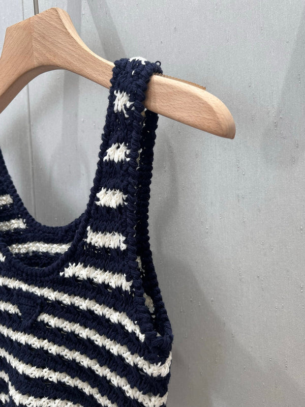 Prada 25 Striped Knitted Crop Top Navy Blue mix White Cotton 219409