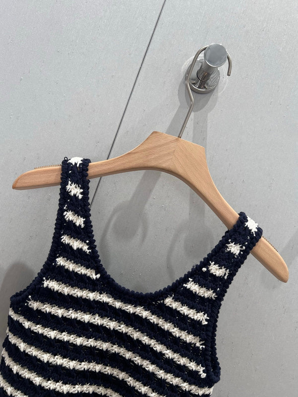Prada 25 Striped Knitted Crop Top Navy Blue mix White Cotton 219409