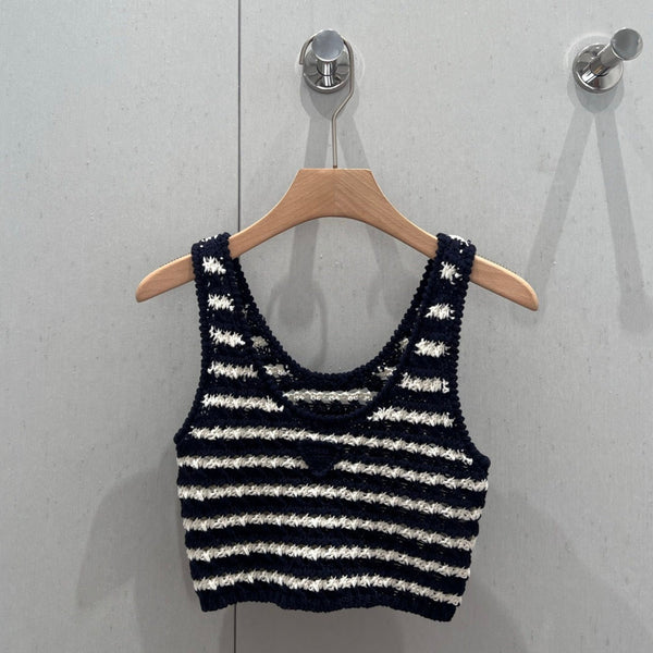 Prada 25 Striped Knitted Crop Top Navy Blue mix White Cotton 219409