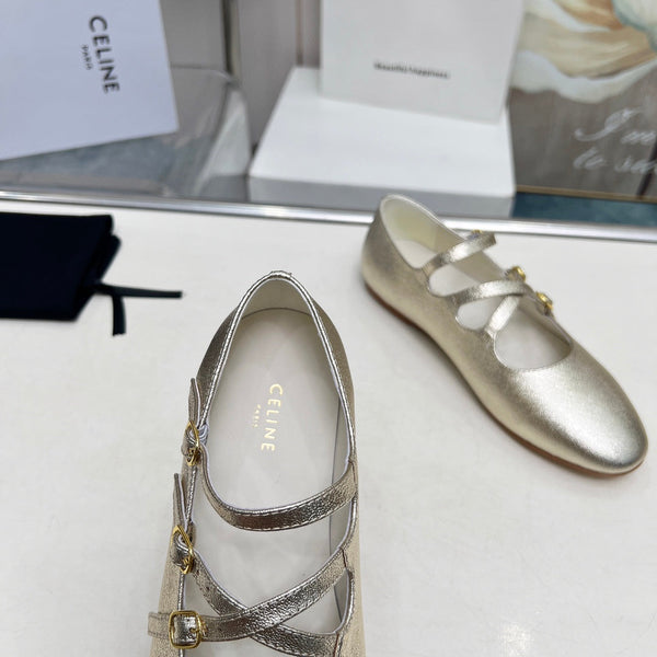BALLET FLAT WITH CROSSOVER STRAP IN LIGHT GOLD LAMBSKIN