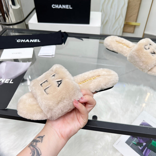 CC Slippers Beige With Black Lettering Fleece