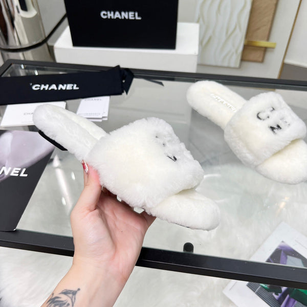 CC Slippers White With Black Lettering Fleece