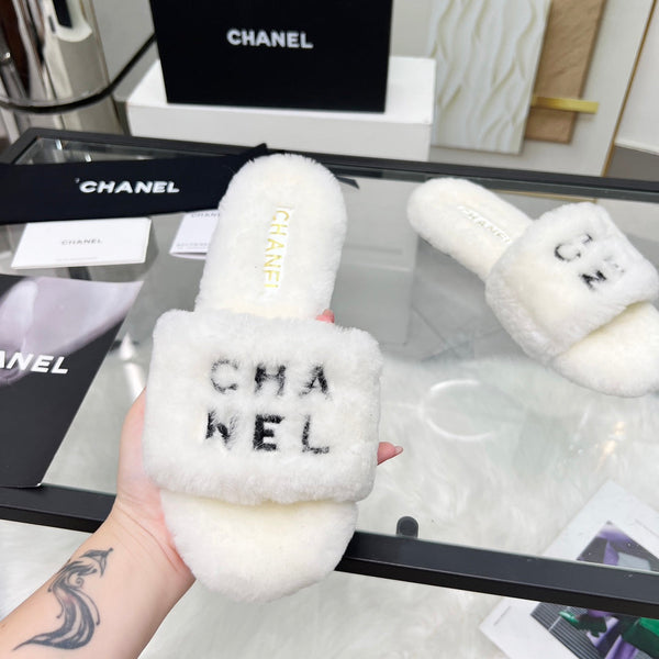 CC Slippers White With Black Lettering Fleece