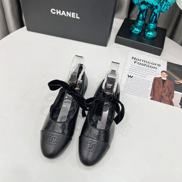 CC Mary Jane Black Studded With Pearls Lambskin And Cowhide