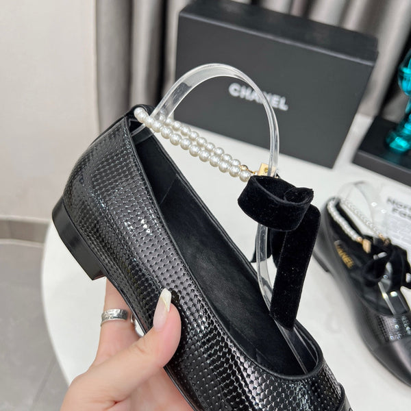 CC Mary Jane Black Studded With Pearls Lambskin And Cowhide