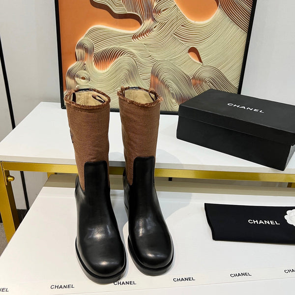 HIGH BOOTS 5.5 CM IN BLACK LAMBSKIN AND CHOCOLATE BROWN FABRIC