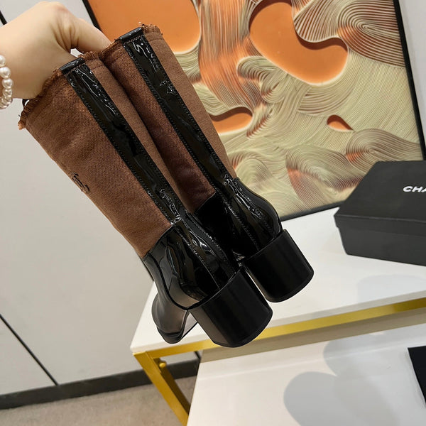 HIGH BOOTS 5.5 CM IN BLACK LAMBSKIN AND CHOCOLATE BROWN FABRIC