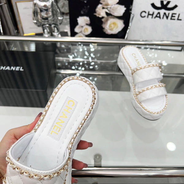 CC 25 Slide Leather Chain 6cm White Lambskin 338659