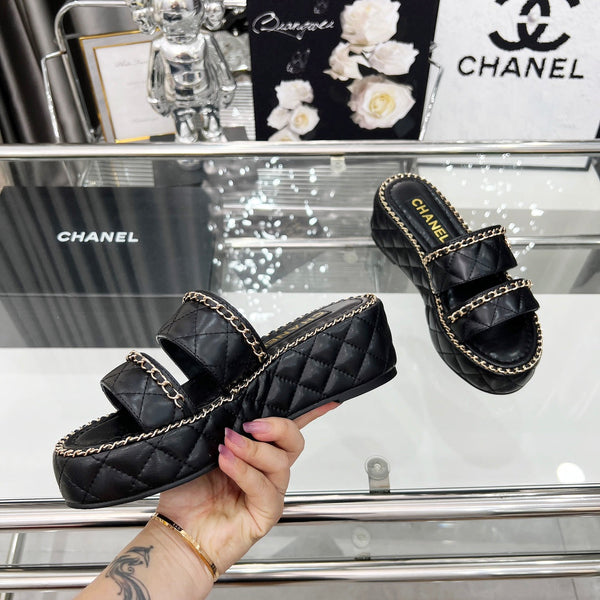 CC 25 Slide Leather Chain 6cm Black Lambskin 338660