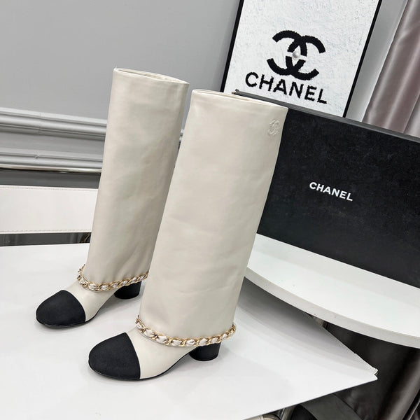 CC 25 High Boots With Chain 55mm White Cowhide Black Grosgrain 374024