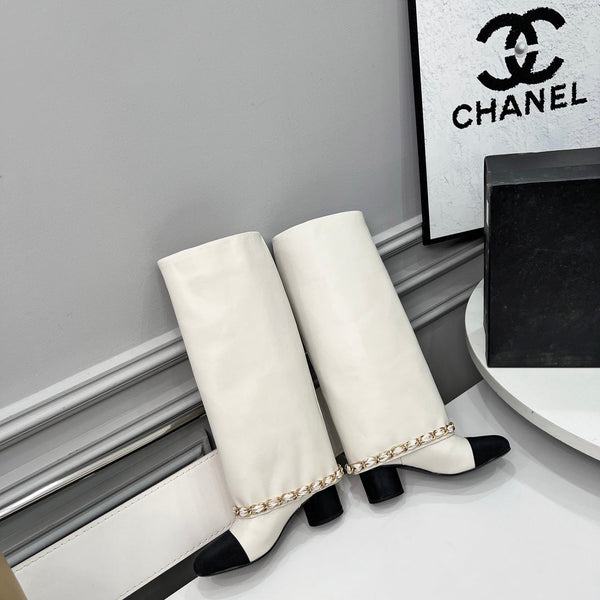 CC 25 High Boots With Chain 55mm White Cowhide Black Grosgrain 374024