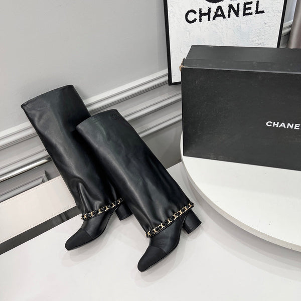 CC 25 High Boots With Chain 55mm Black Cowhide Grosgrain 374026